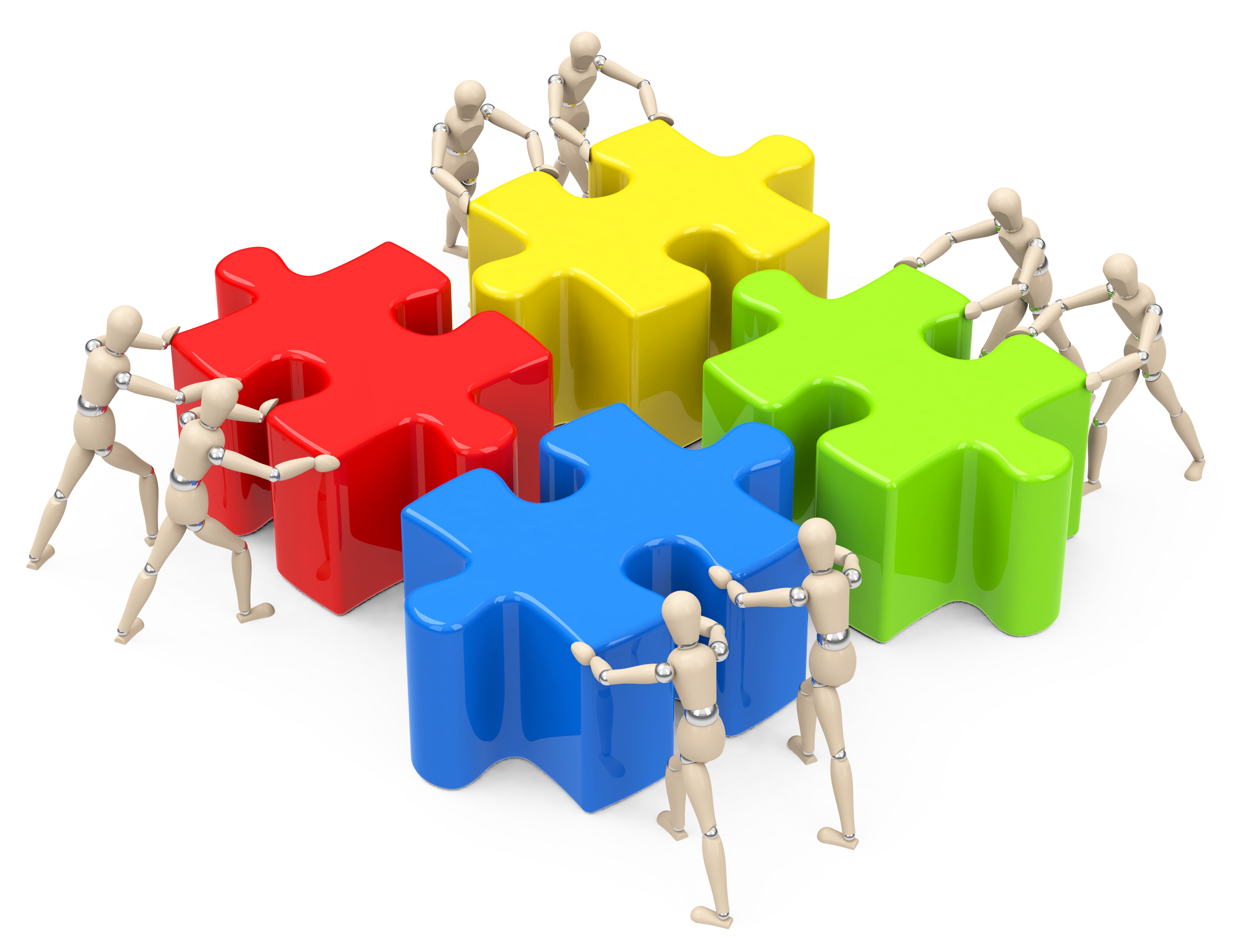 Figurer skubber puslespilsbrikker sammen