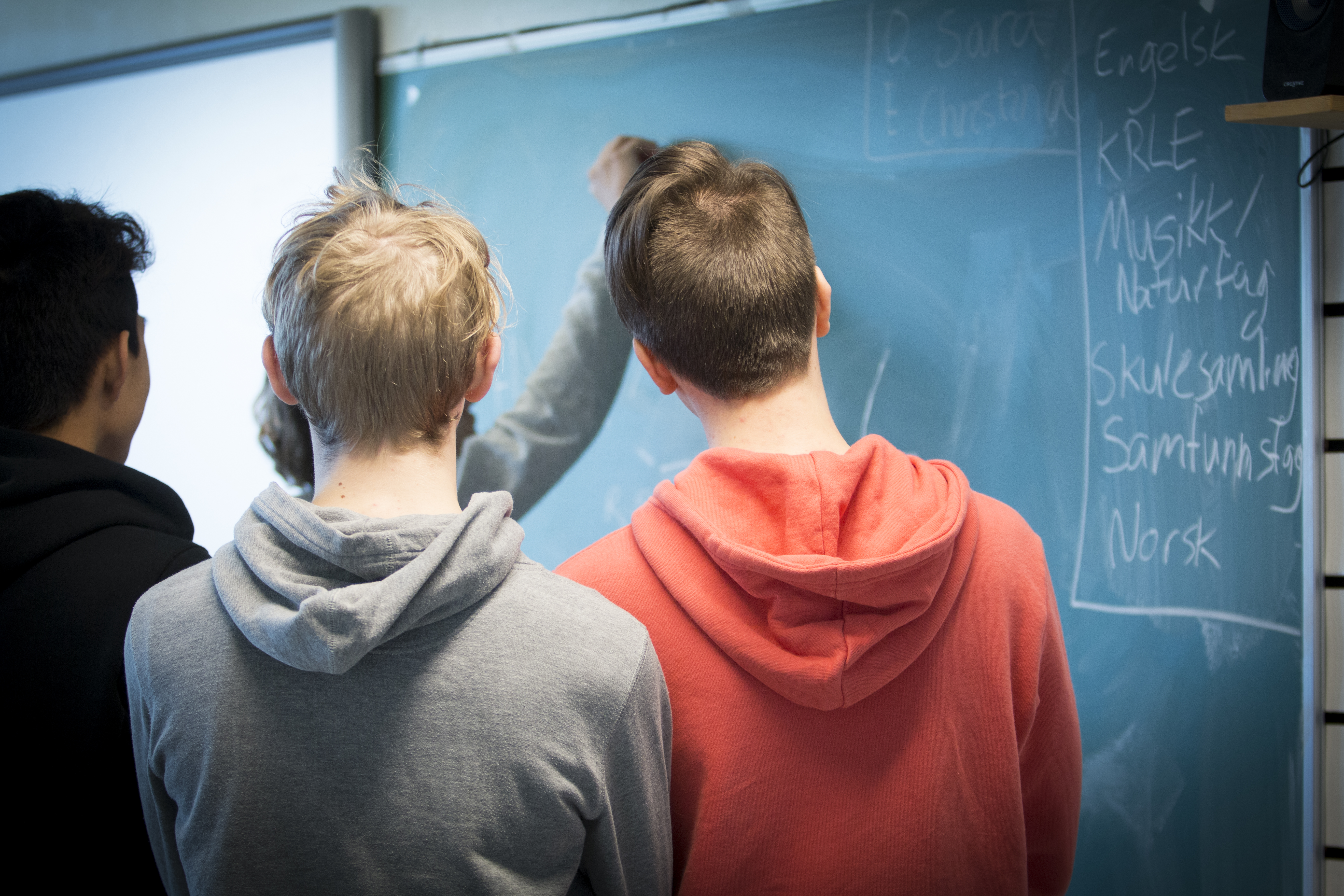 Teenagedrenge med ryggen til kigger på en skoletavle